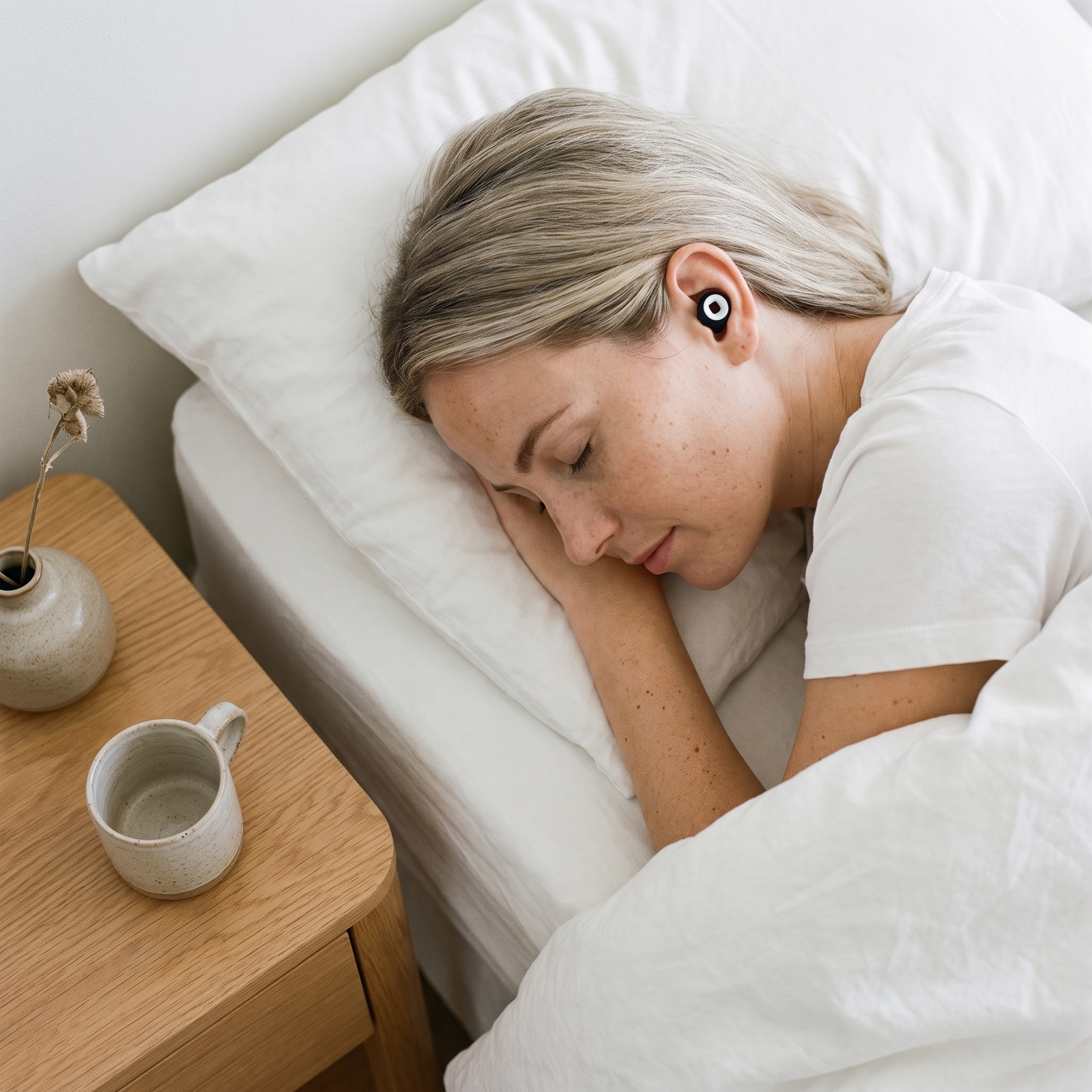 Woman sleeping peacefully on a white pillow with a Sleep Plug in her ear