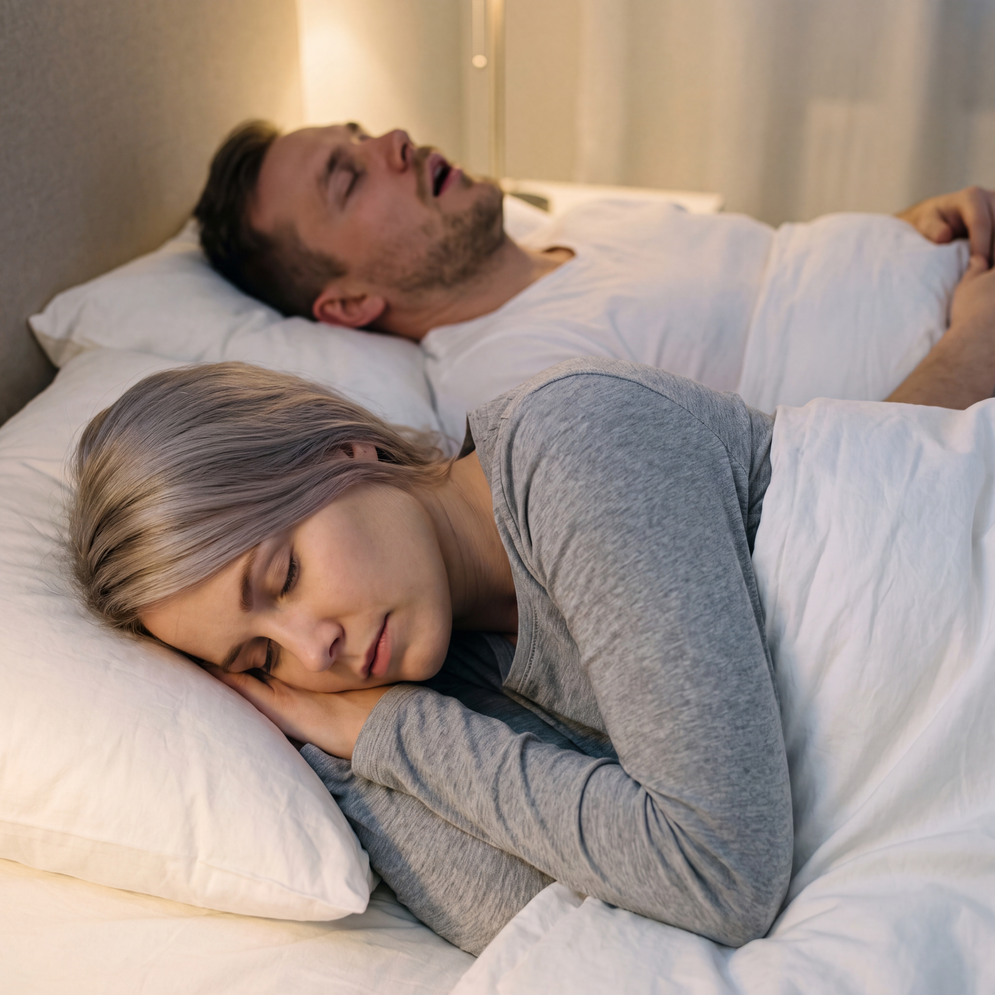 Woman sleeping peacefully next to her snoring partner