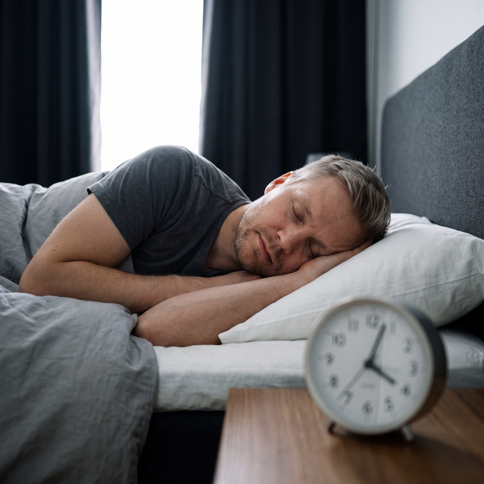 Man sleeping during the day behind dark curtains, alarm clock on the nightstand
