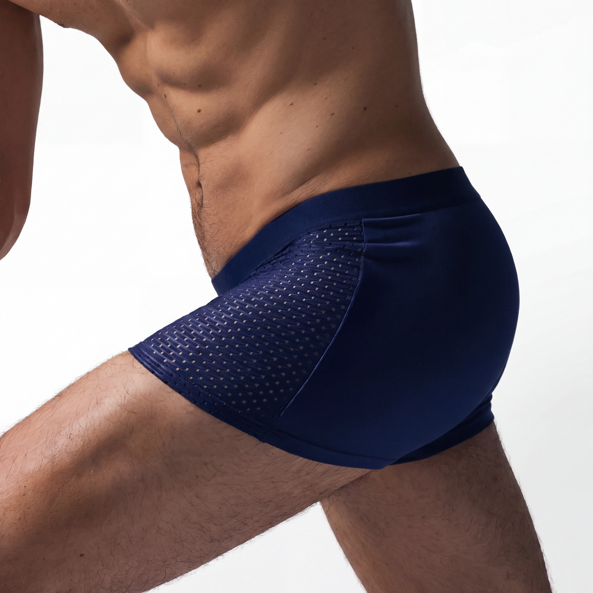 Side view of navy bamboo boxers showing the snug fit and breathable mesh side panels