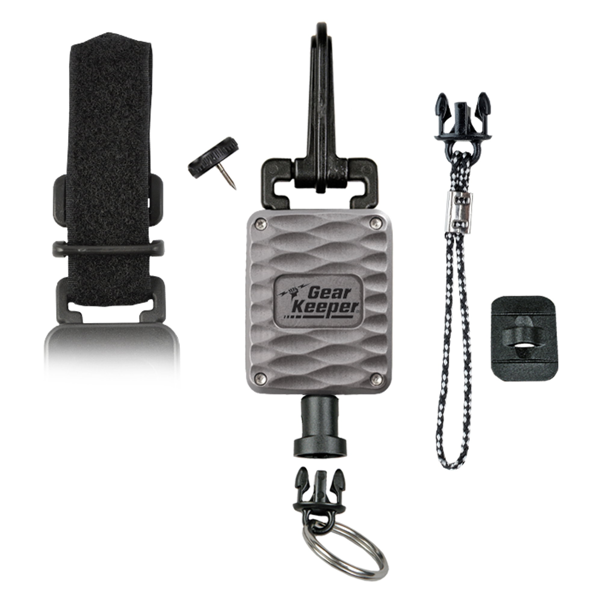 CNC-machined gray aluminum Gear Keeper retractor with snap clip, hook-and-loop strap, threaded stud mount and quick-connect lanyard