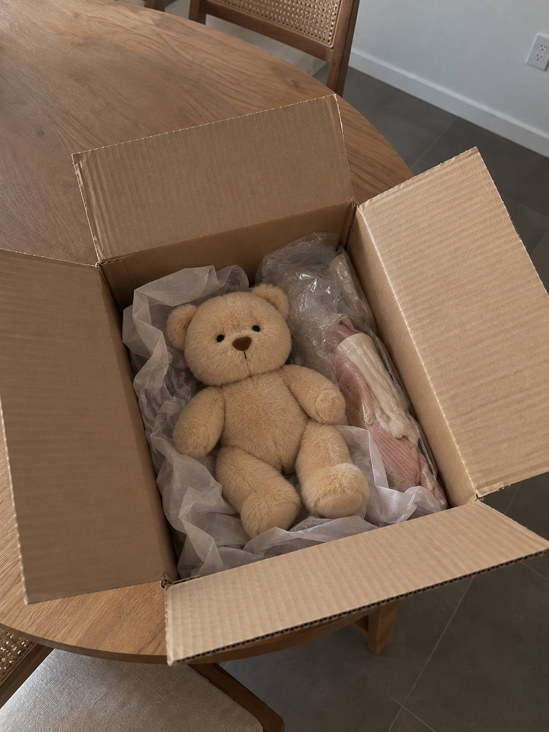 Mia unboxing her teddy bear from its gift box