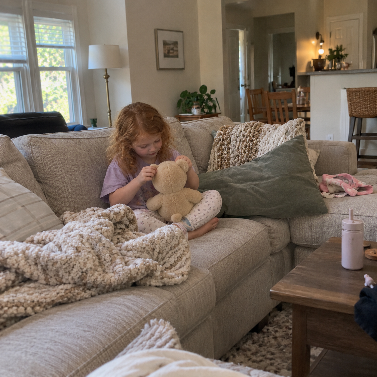 Laura and her daughter cuddling their teddy bear on the sofa