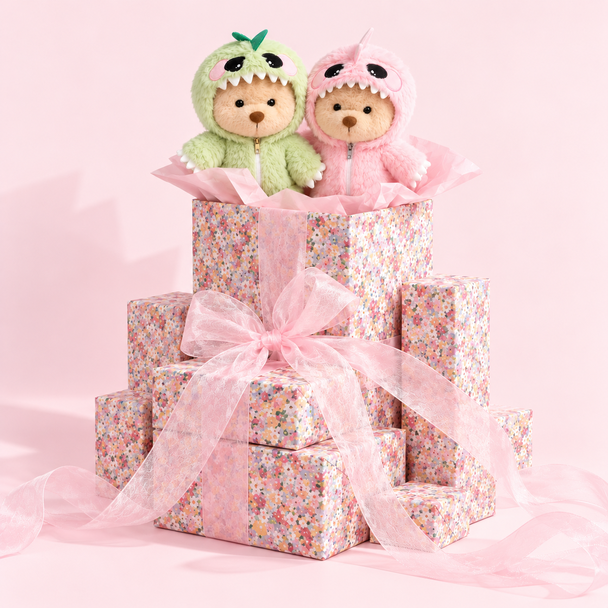 Cuddle teddy bear sitting beside a pastel gift box
