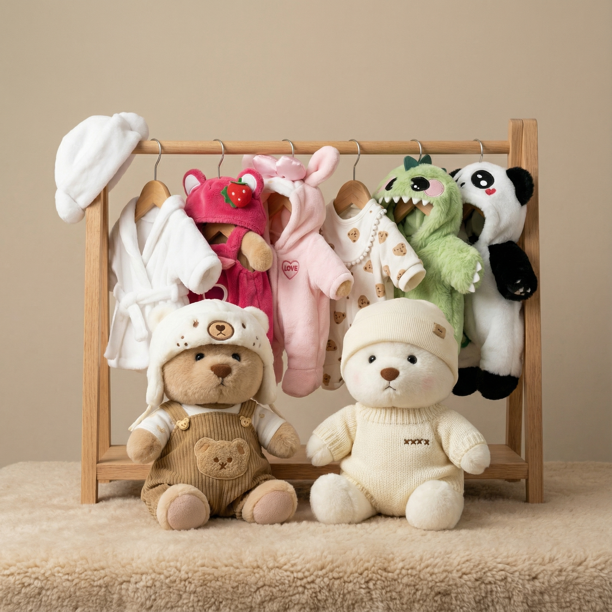 Cuddle teddy bear surrounded by its dino, panda, dress and knit outfits
