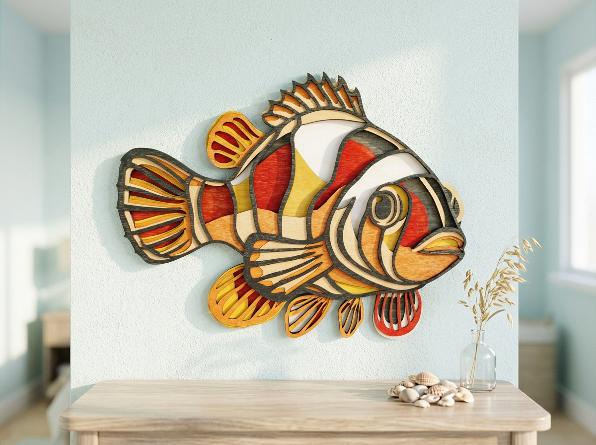 Stained glass style fish wall decoration on white wall above wooden table with seashells