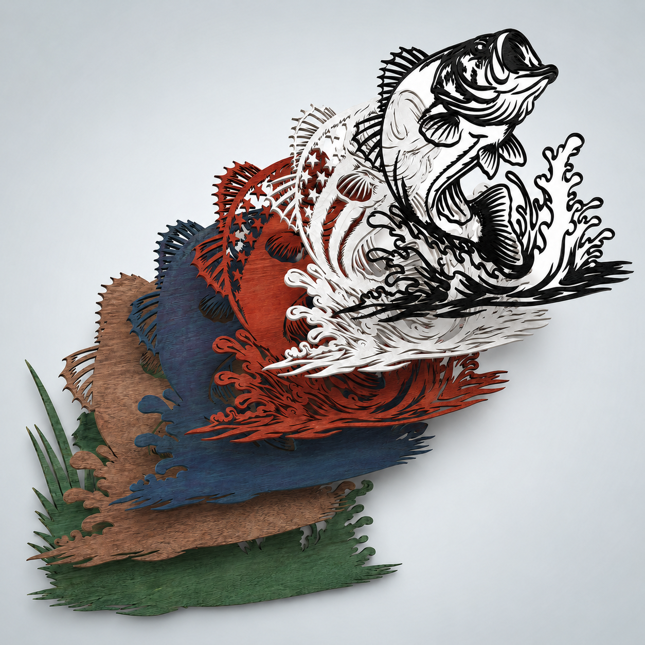 multi-layered artwork of a fish jumping out of stylized water in various colors