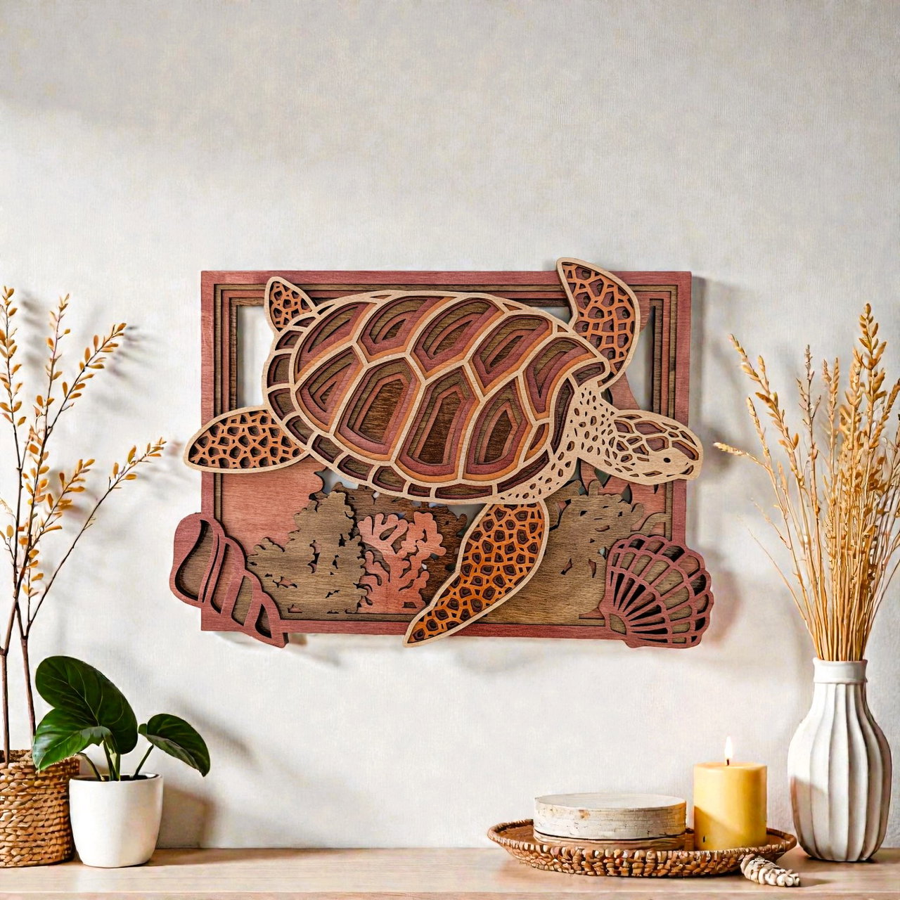 Intricately carved wooden sea turtle mounted on wall with plants and candles