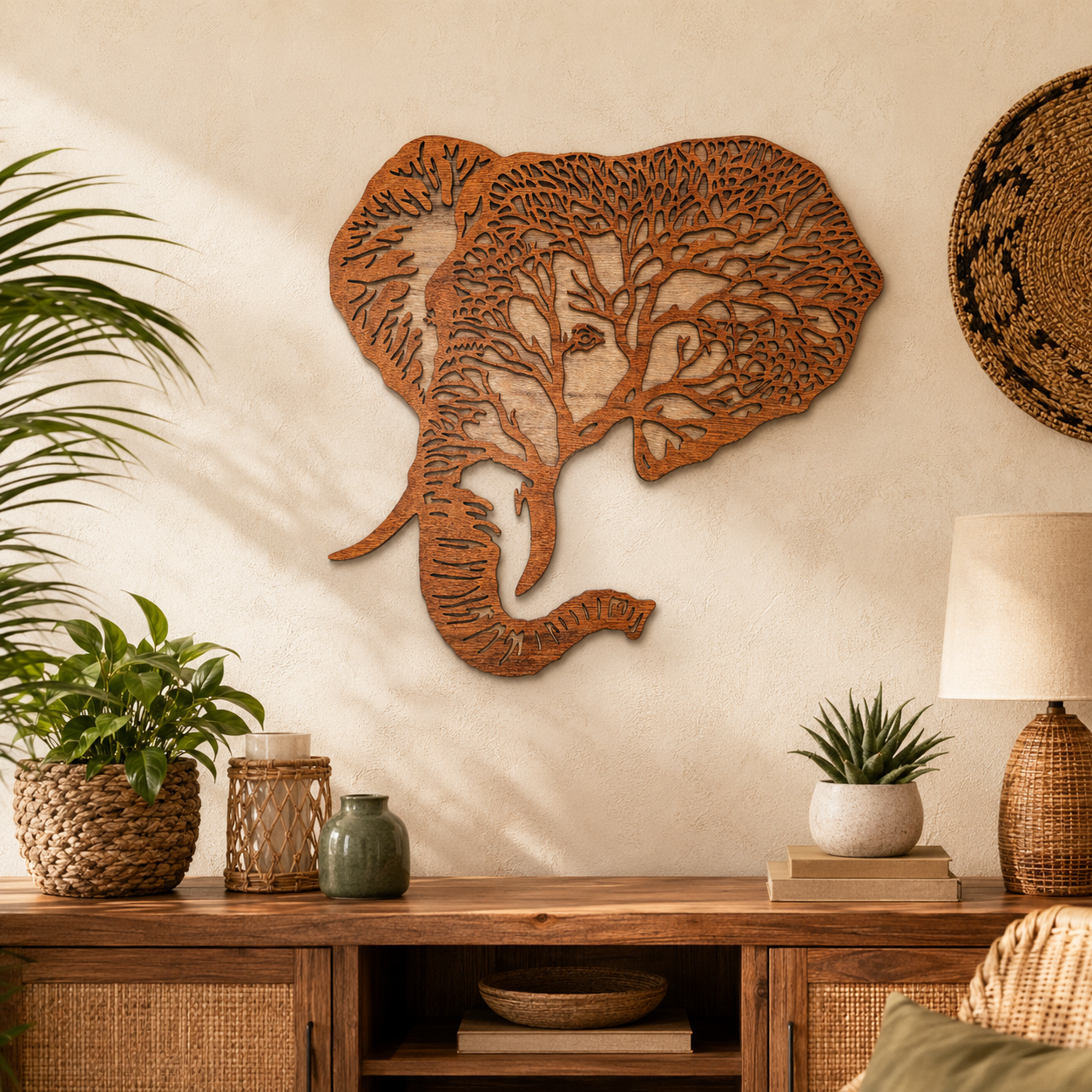 Wooden elephant head wall art with tree design above wooden sideboard with plants and lamp