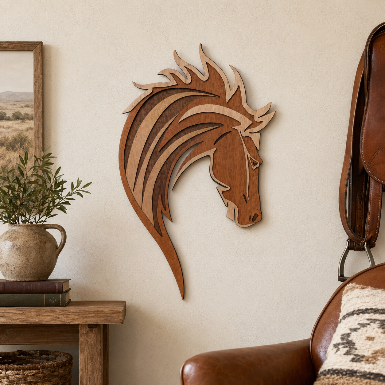 Layered wooden horse head wall art mounted on a beige wall in a cozy room