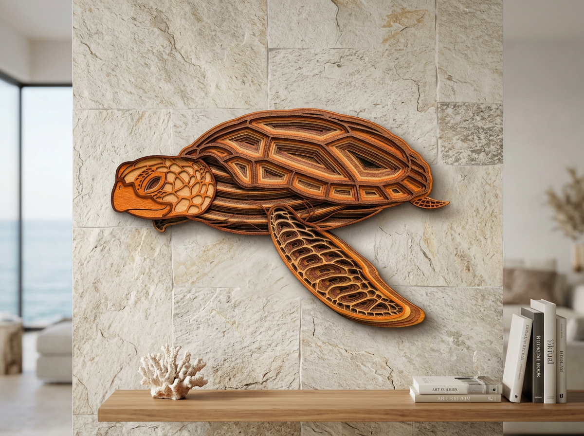 Intricately carved wooden turtle mounted on stone wall above shelf with books and coral decoration