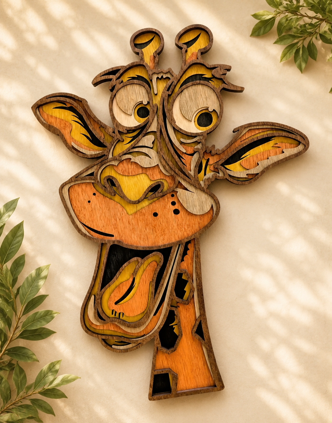 Colorful wooden carved giraffe with exaggerated eyes and mouth on a beige wall