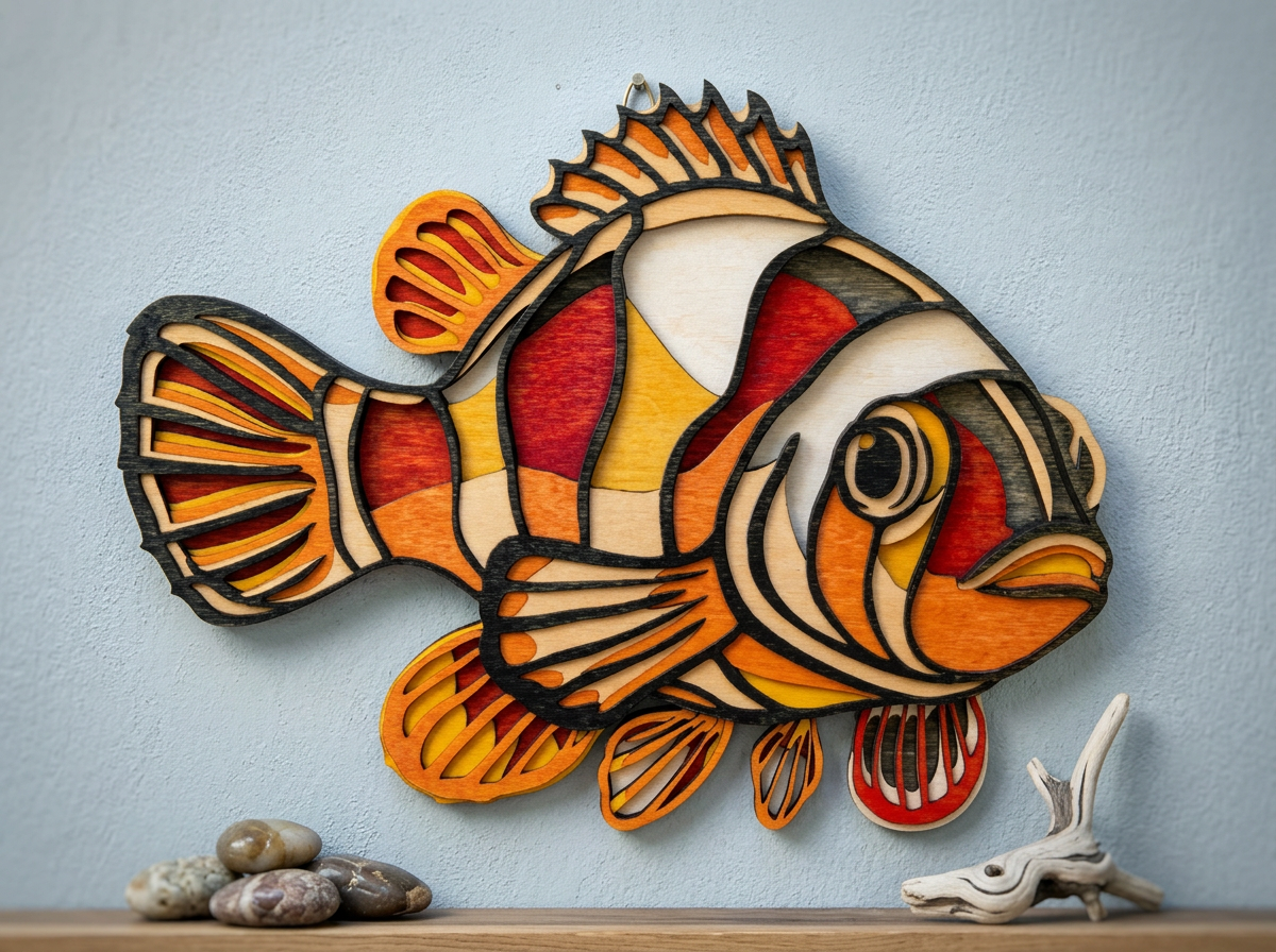 Colorful stained glass style fish decoration mounted on a light wall above stones and driftwood
