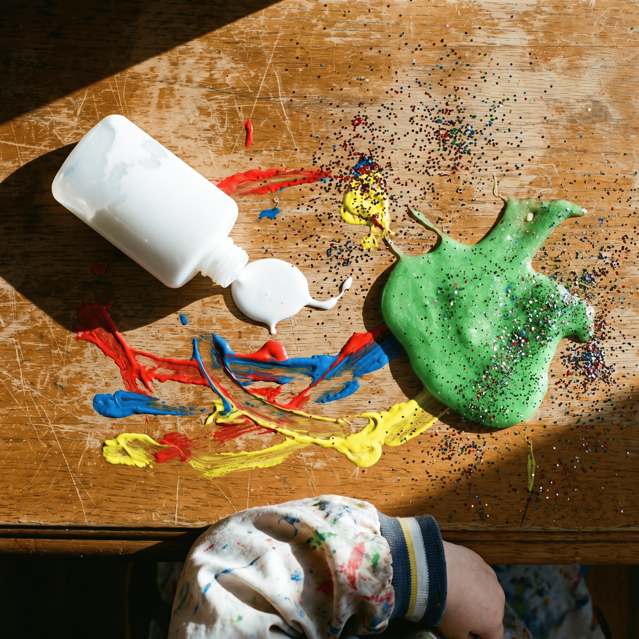 Stół poplamiony klejem, farbą, slime i brokatem