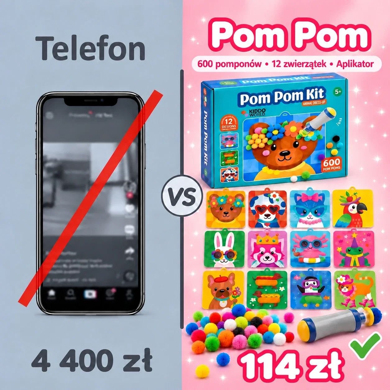Telefon za 4 400 zł kontra Pom Pom Kit za 114 zł: 600 pomponów, 12 zwierzątek i aplikator