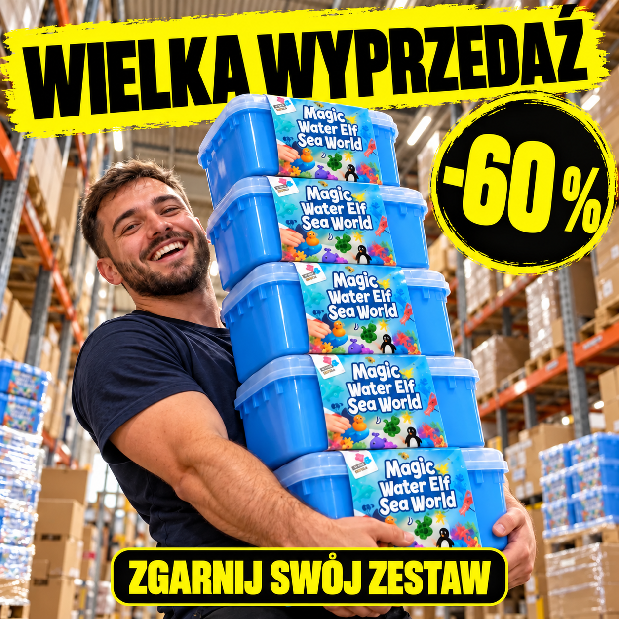 Wielka wyprzedaż -60 % – uśmiechnięty mężczyzna w magazynie niesie pięć pudełek zestawu Magic Water Elf Sea World, zgarnij swój zestaw