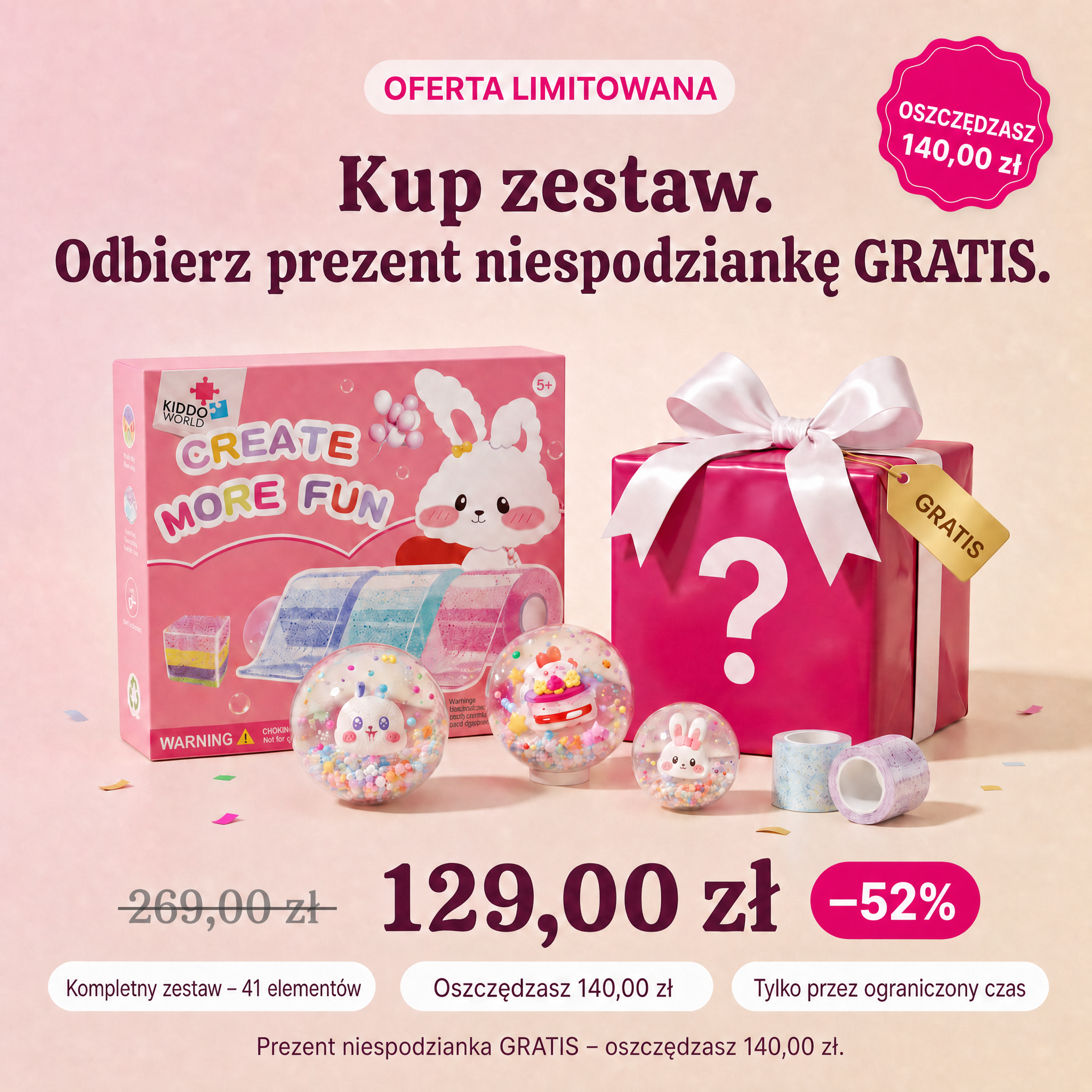 Zestaw DIY Bubble Squishies z gotowymi squishy obok złotego pudełka z prezentem niespodzianką