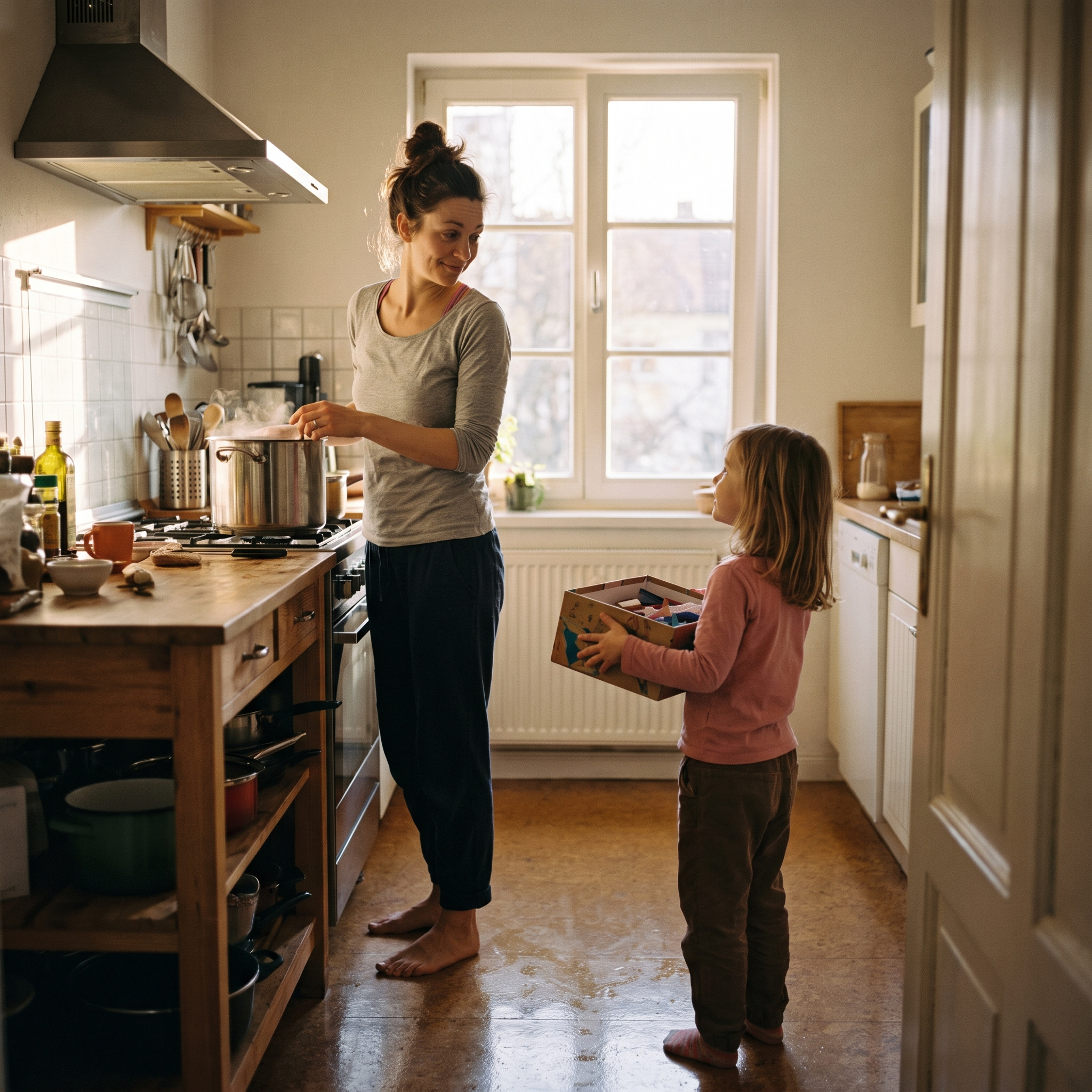 Mama gotuje obiad, a córka prosi o wspólną zabawę