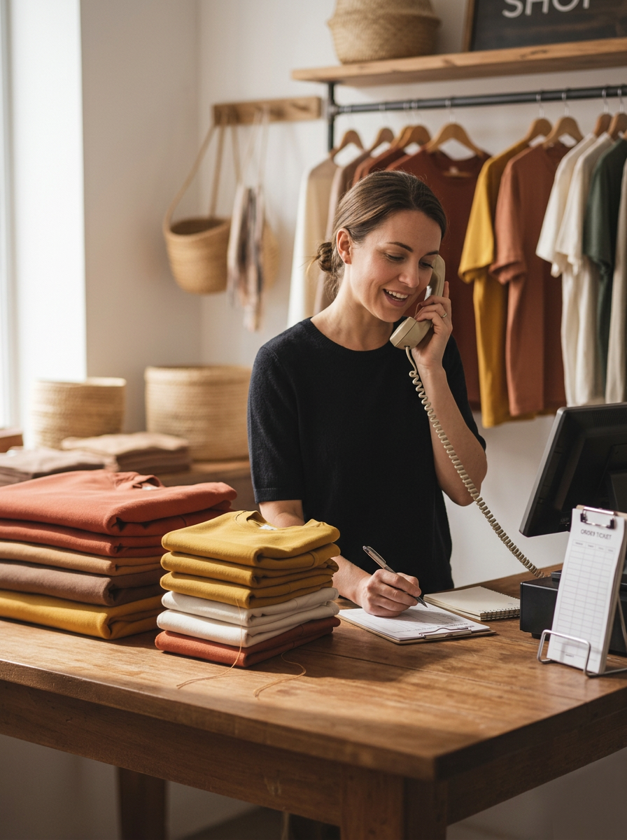 A woman in a clothing store talking on the phone and writing notes at the counter