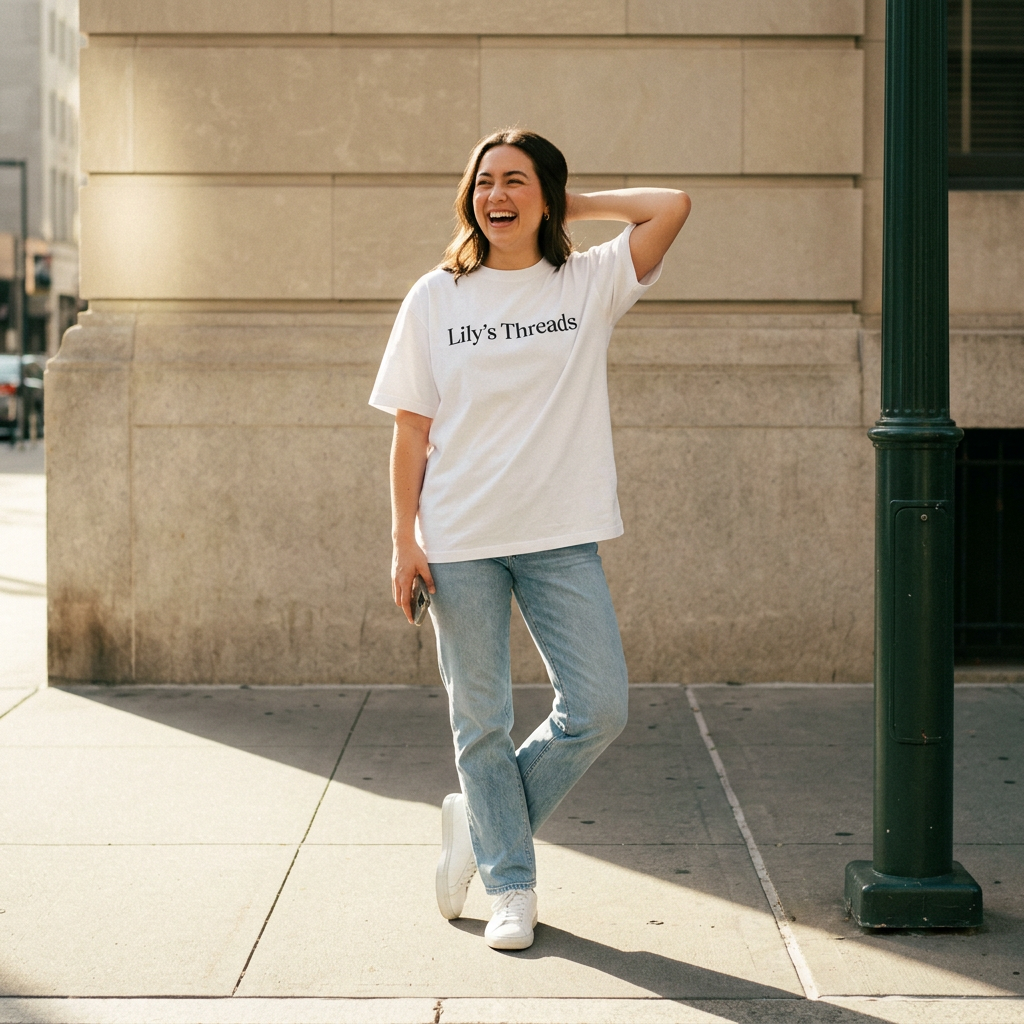 Smiling woman standing outside wearing a white Lily’s Threads t-shirt and jeans