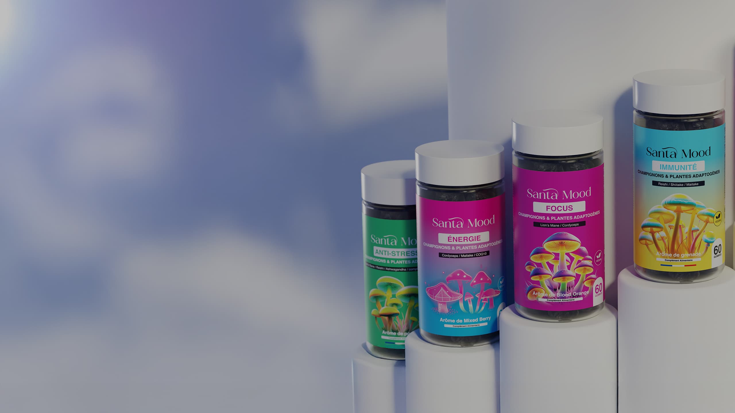Six jars of Santa Mood supplements with colorful mushroom illustrations on a cloudy background.