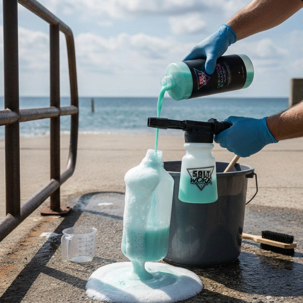 Person wearing blue gloves pouring foamy detergent into a spray bottle outdoors near the ocean