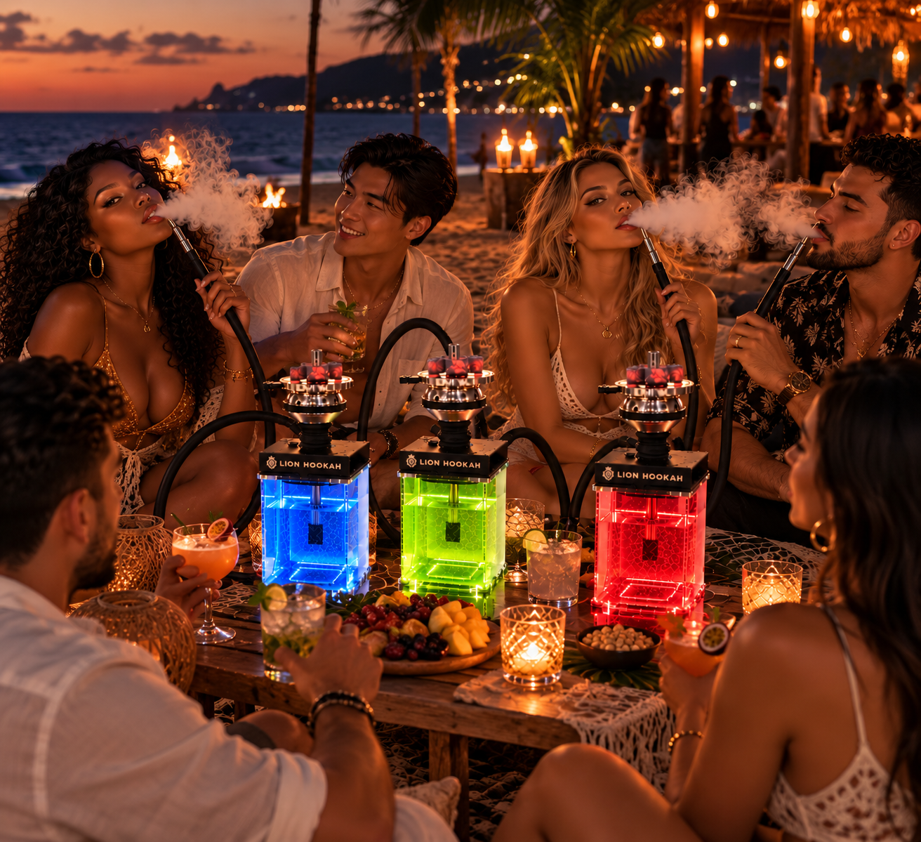 Friends sharing three Lion Hookah Square ILIN hookahs glowing blue, green and red on a candlelit table at a beach party at sunset