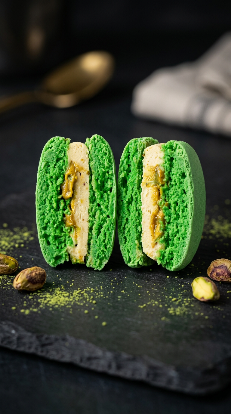 Two green pistachio macarons cut in half on a dark surface with pistachio nuts nearby