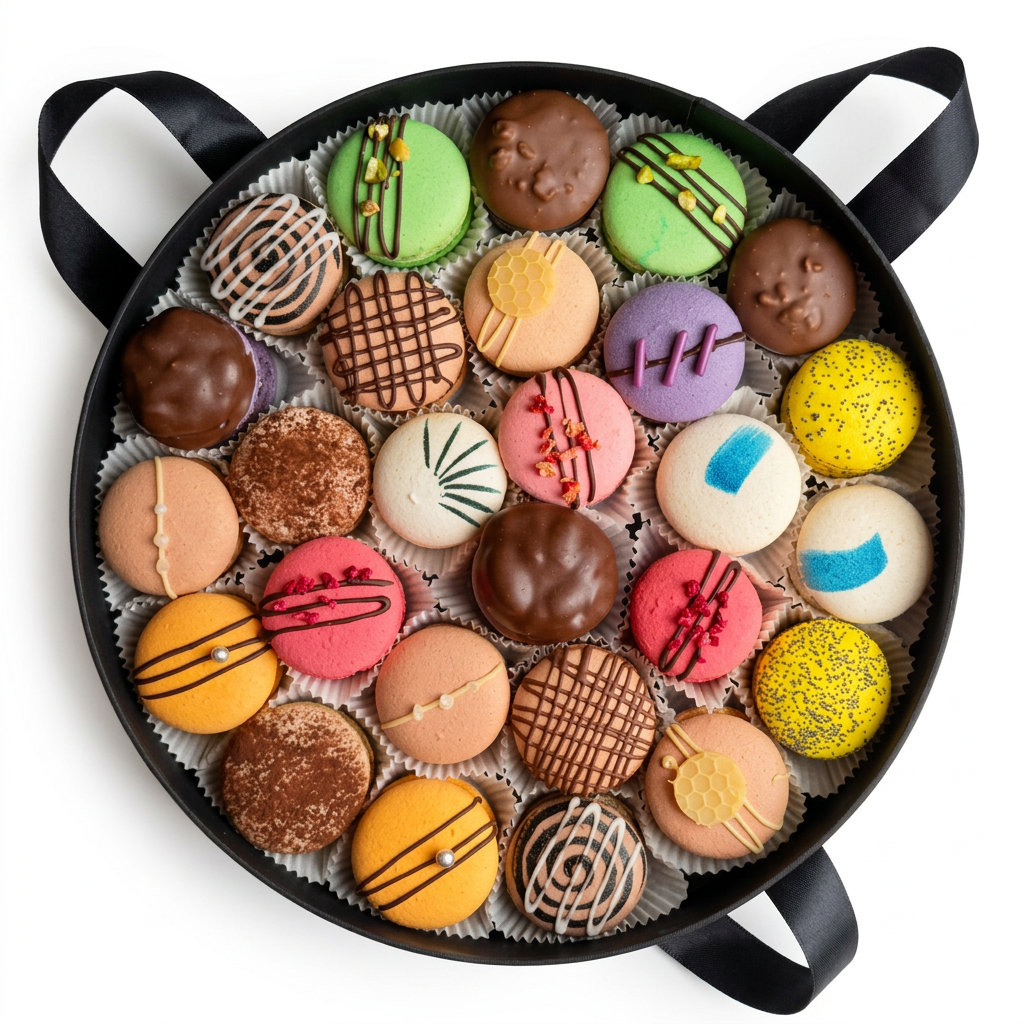 A round black box filled with colorful assorted macarons with various designs and toppings