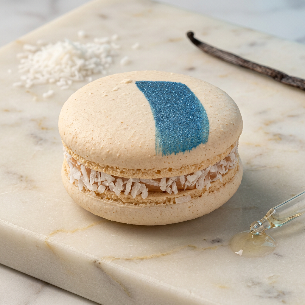 Close-up of a vanilla macaron with coconut flakes and a blue brushstroke on top