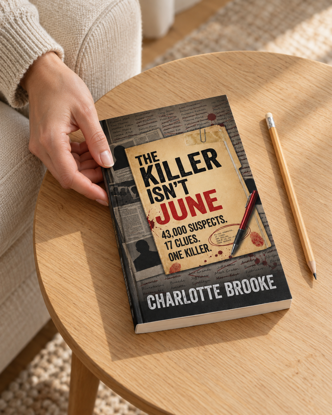 The Killer Isn't June open on a table with a magnifying glass, red pen, highlighters and notes