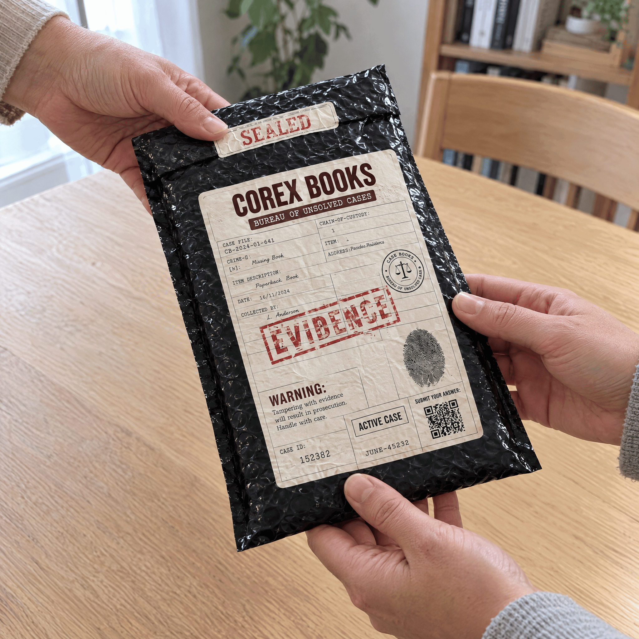 Hands passing a sealed black Corex Books evidence mailer stamped Evidence across a wooden table