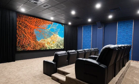 Dedicated home theater with a large screen showing a coral reef and tiered black leather recliners