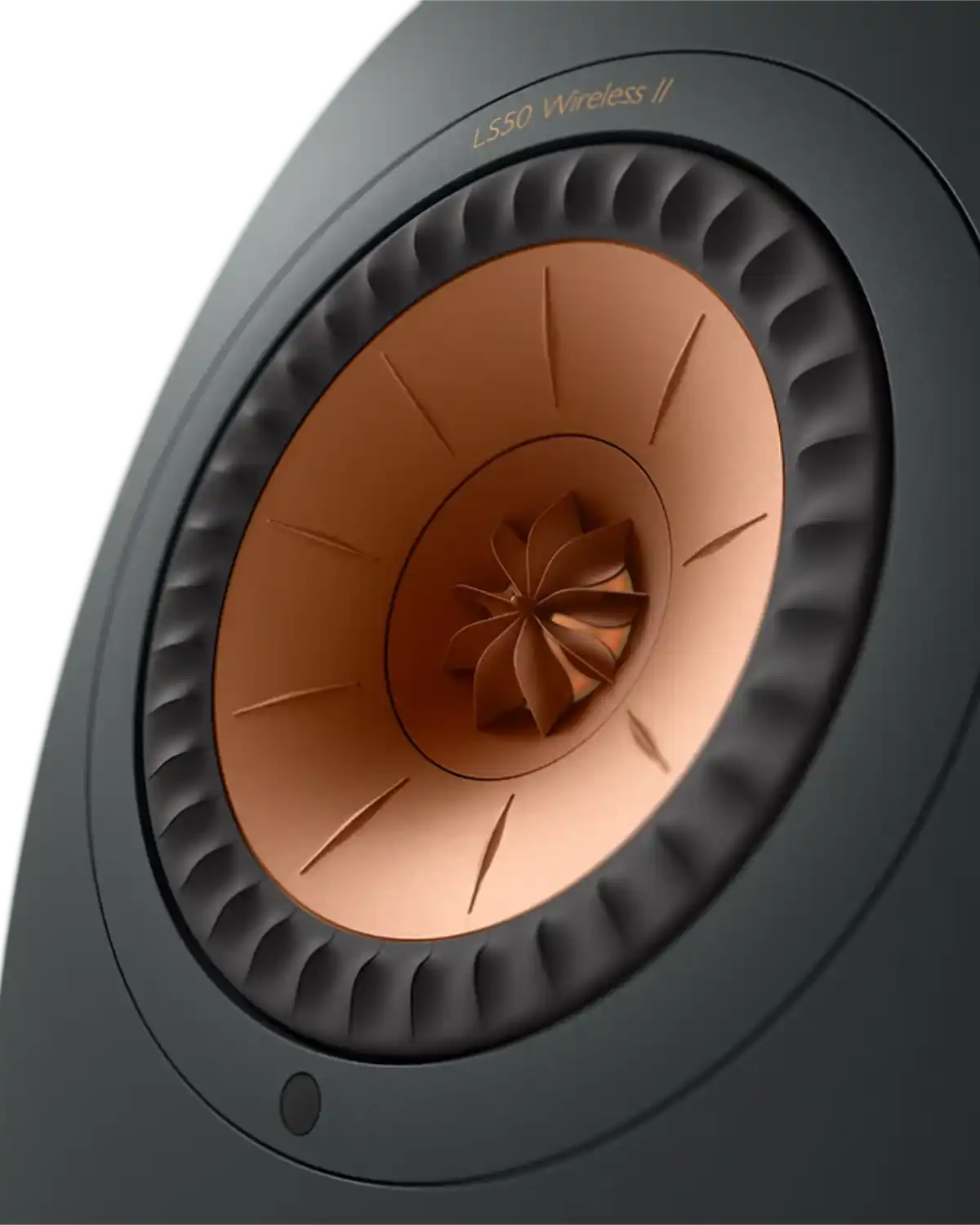 Close-up of the copper Uni-Q driver on a KEF LS50 Wireless II, with the tweeter at the centre of the midrange cone