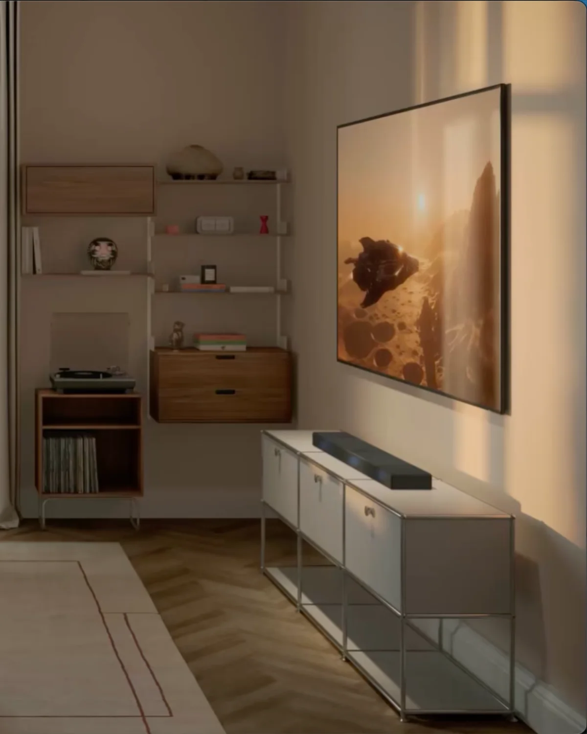 Media room with a slim soundbar under a TV and a compact subwoofer