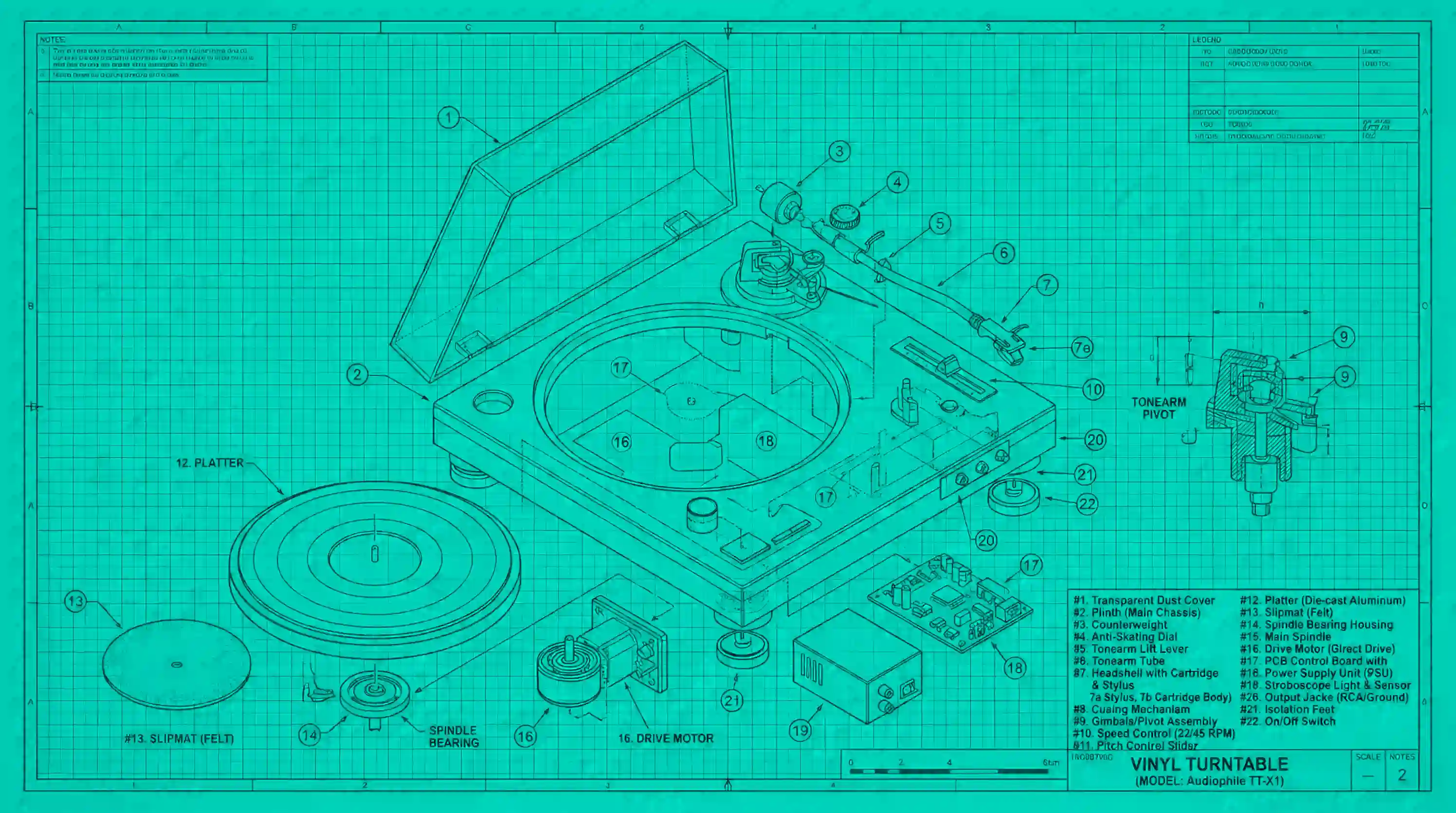 Cyan blueprint diagram of a vinyl turntable with its parts exploded and numbered, from dust cover and plinth to platter, tonearm and drive motor
