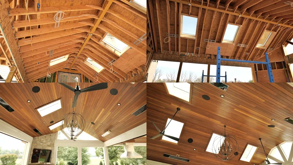 Before and after of a vaulted pavilion ceiling: pre-wire and speaker brackets at framing, then the finished wood ceiling with flush in-ceiling speakers