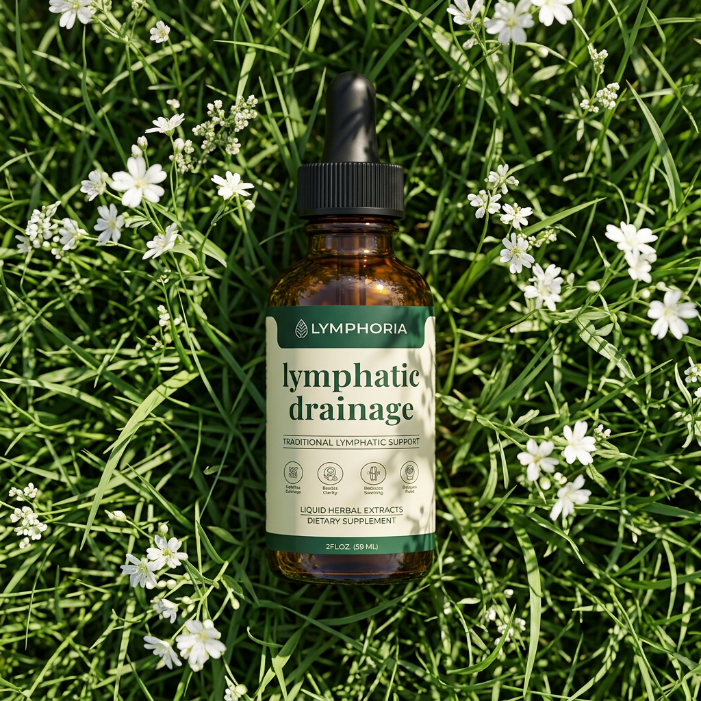 Brown bottle of lymphatic drainage supplement surrounded by green grass and small white flowers