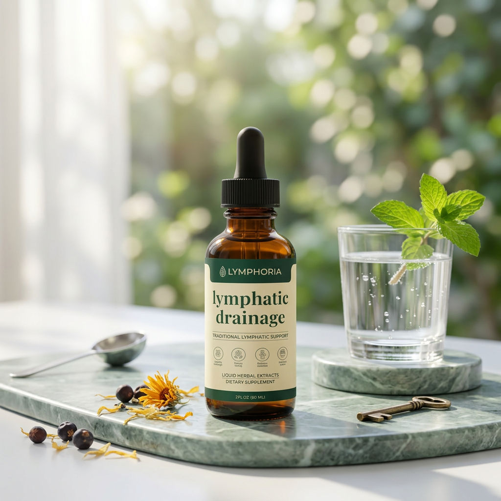 A bottle of lymphatic drainage supplement on a marble tray next to a glass of water with mint
