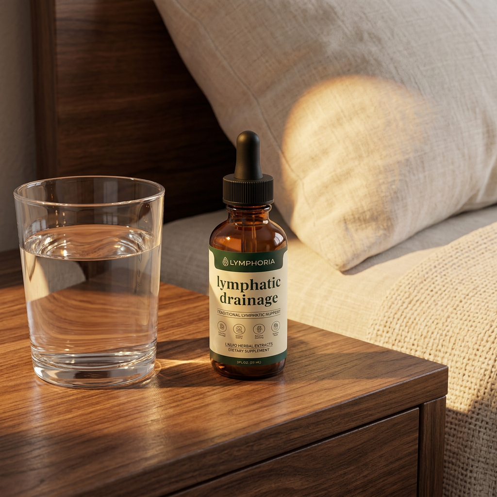 A bottle of lymphatic drainage supplement and a glass of water on a wooden bedside table next to a bed.