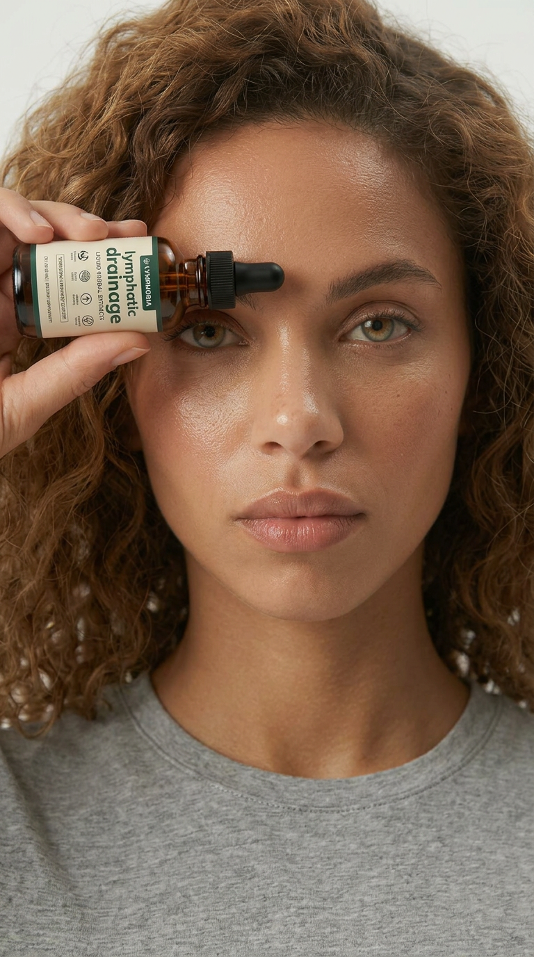 Close-up of woman with curly hair holding a bottle of Jungle Damage Face Oil near her right eye
