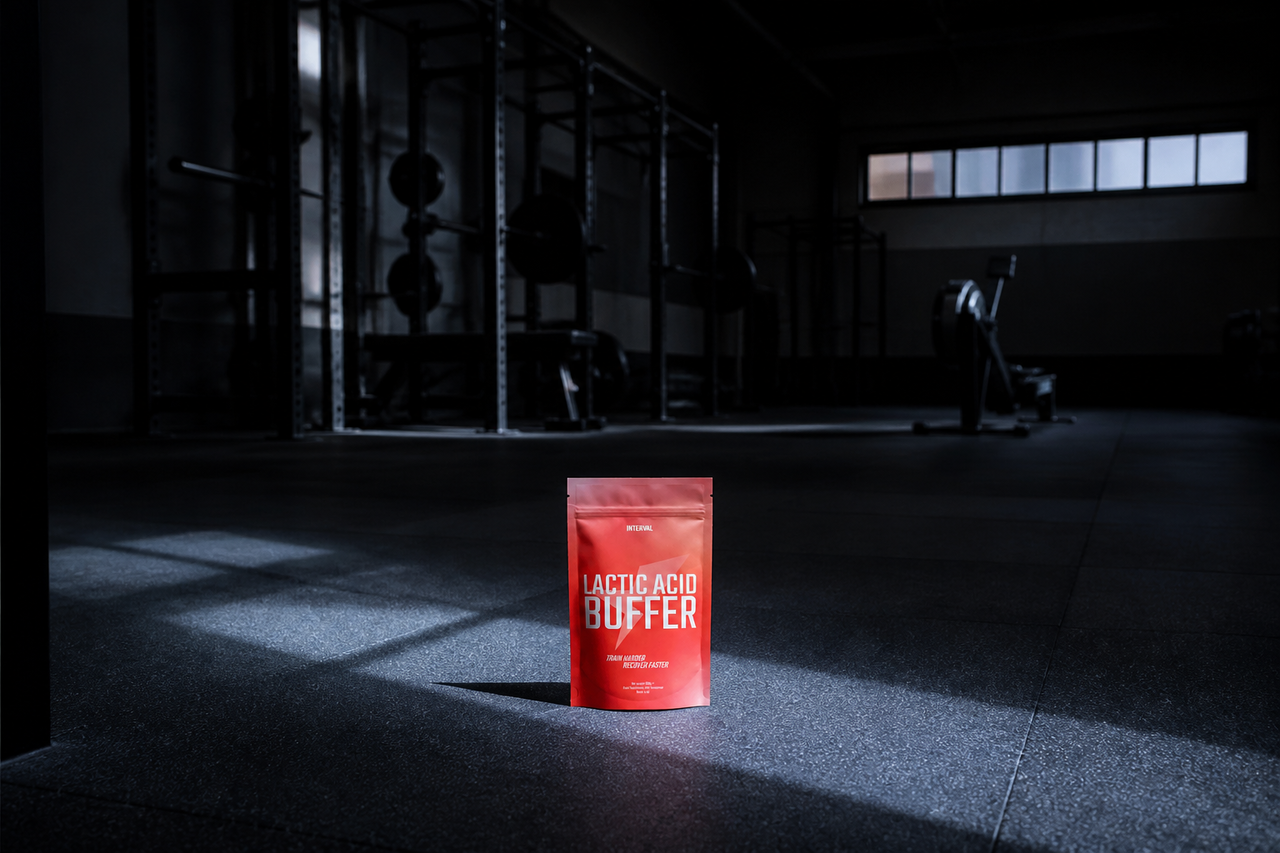Red packet of lactic acid buffer supplement on gym floor with workout equipment in background