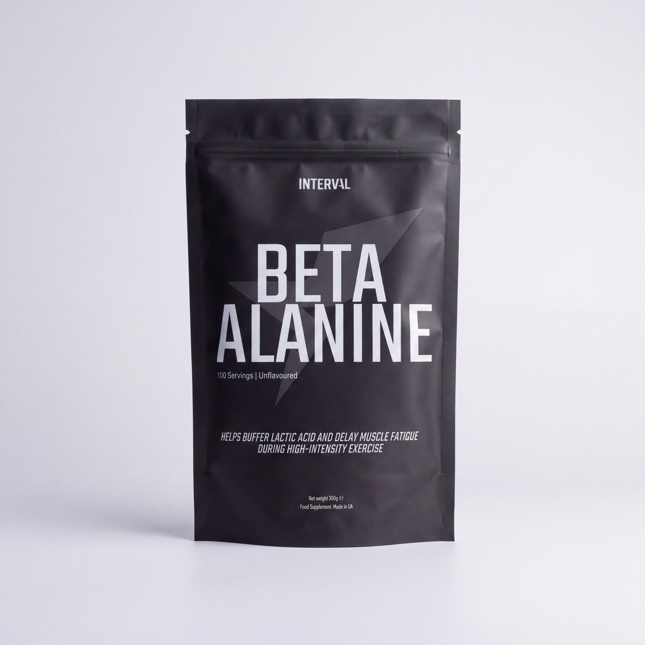 Black resealable bag labeled Beta Alanine supplement with usage and benefits text