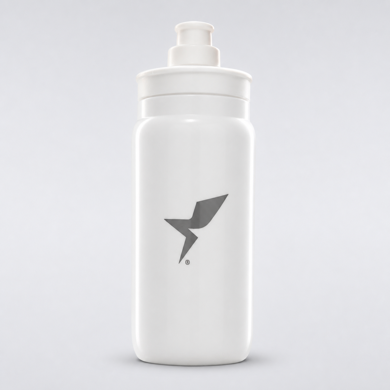 White plastic sports water bottle with a gray lightning bolt logo on a light gray background