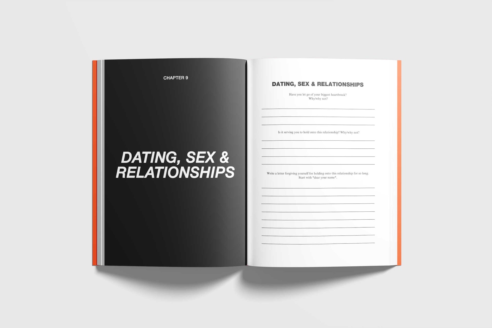 Publisher preview of the journal opened to the Dating, Sex & Relationships chapter, with reflection questions and ruled space for written answers.