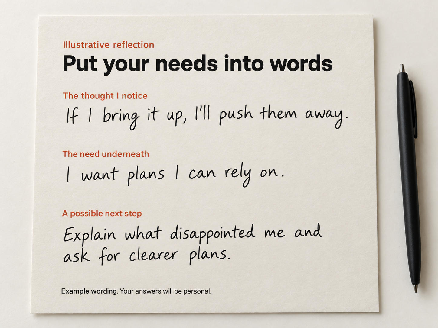 Illustrative reflection written on a worksheet: the thought &ldquo;If I bring it up, I&rsquo;ll push them away&rdquo;, the need underneath &ldquo;I want plans I can rely on&rdquo;, and a possible next step of explaining the disappointment and asking for clearer plans.