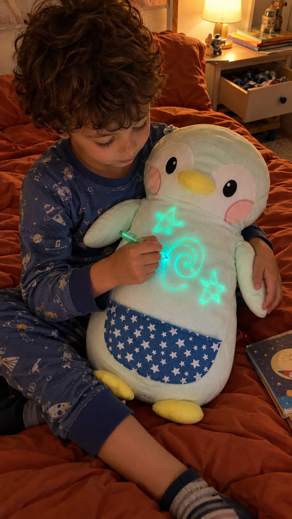 Customer photo shared by Linda K. of her grandson drawing glowing stars on his plush