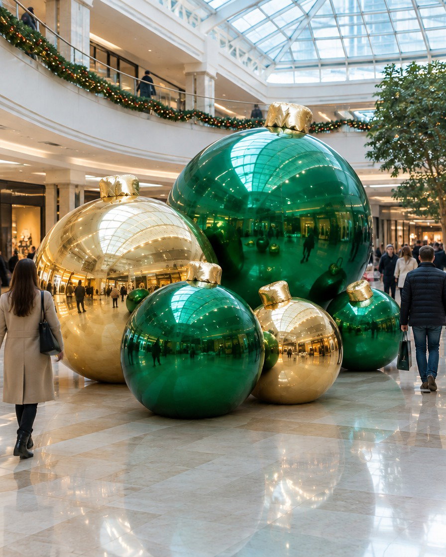 Cluster of giant green and gold chrome ornaments with gold caps in a bright shopping mall atrium as shoppers walk past