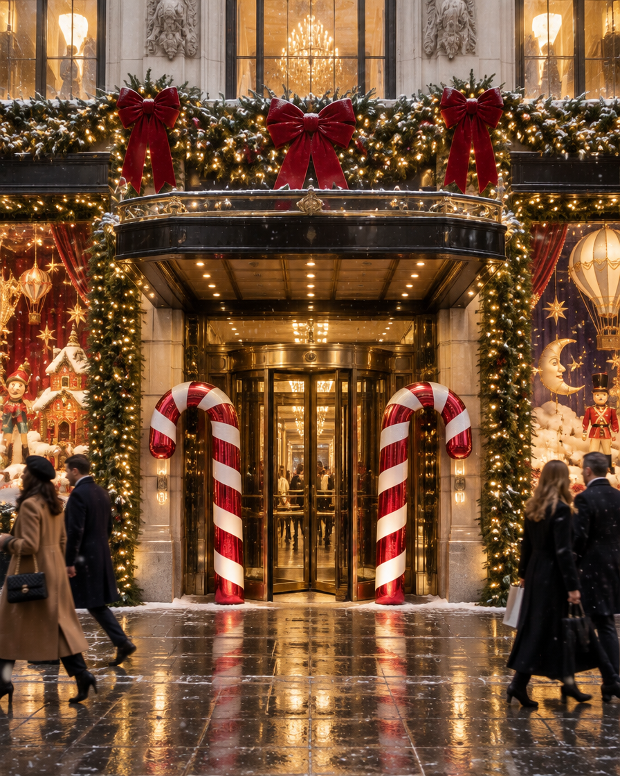 Giant red and white chrome candy canes flanking the revolving doors of a luxury department store, with lit garland and red bows above