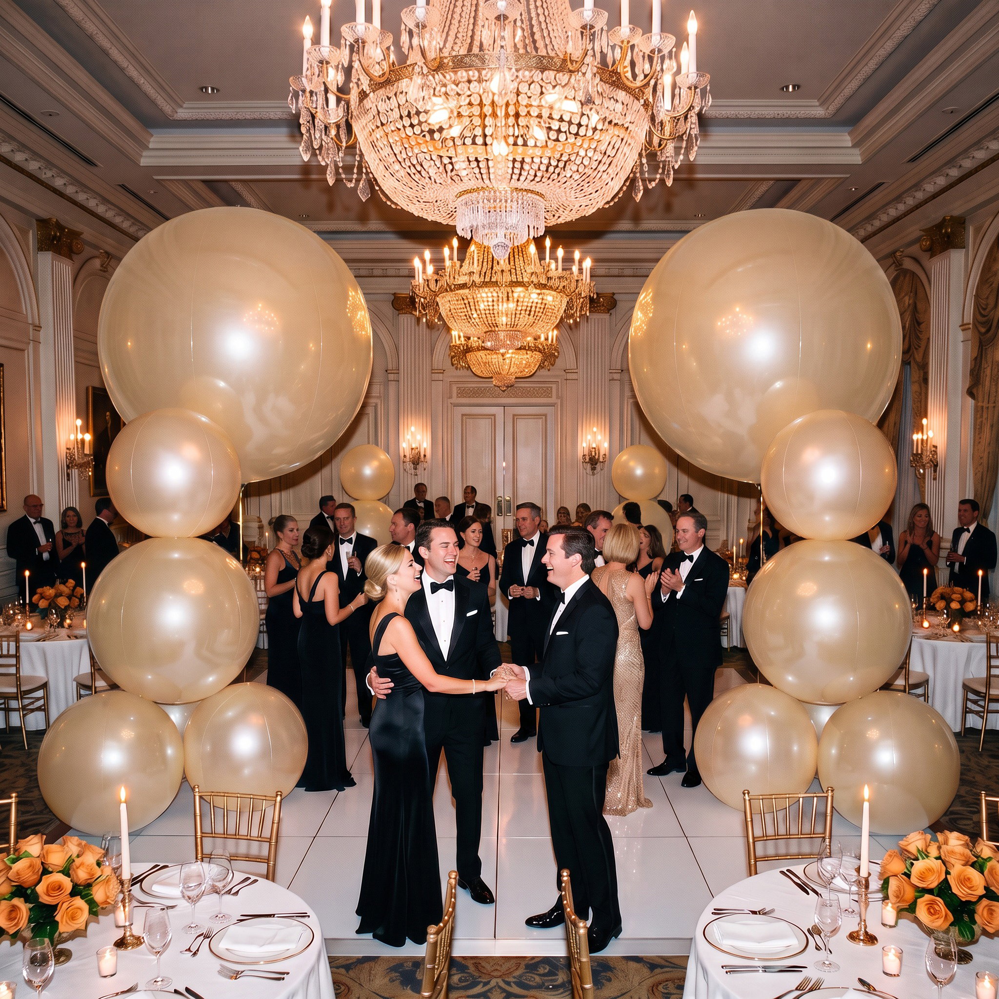 Towers of giant glossy champagne-colored balls framing the dance floor of a chandelier-lit ballroom during a black-tie gala